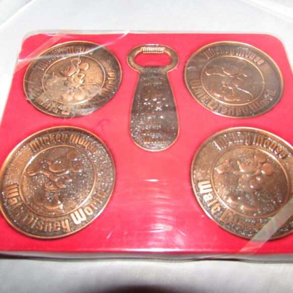 Mickey Mouse Disneyland Coaster Bronze  Bottle Opener & Coaster Set New - Picture 1 of 3
